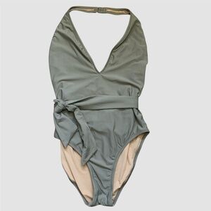 J Crew Putty Grey Deep V Neck Waist Tie Halter One Piece Tank Swimsuit SZ 8